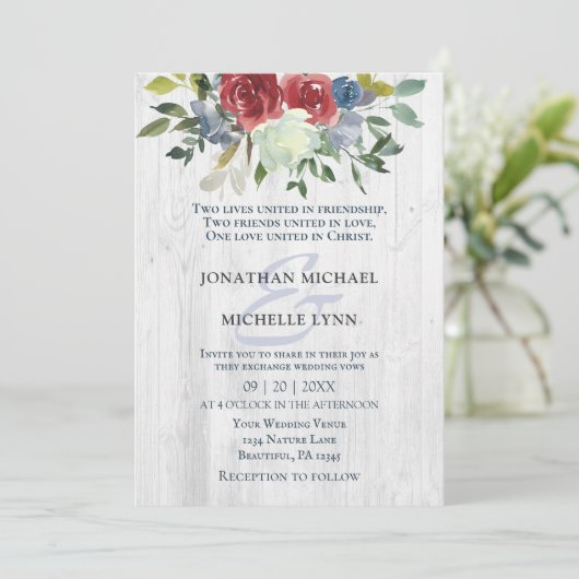 Red Blue Cream Floral White Wood Christelijk Wedde Kaart (Staand voorkant)
