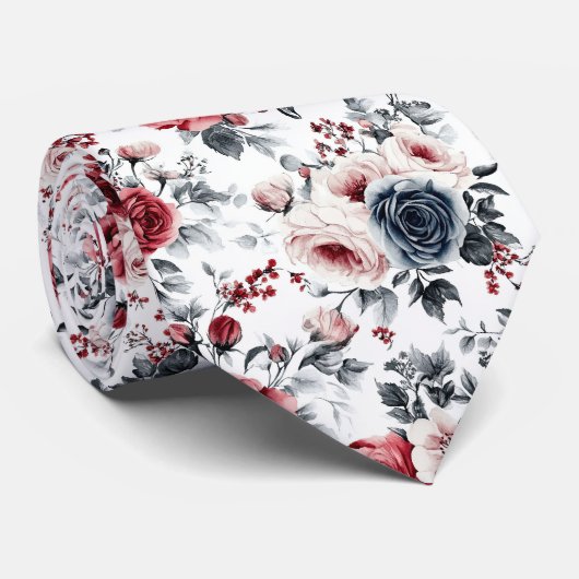 Red Blue Cream  Flowers Wedding Formal Stropdas (Opgerold)