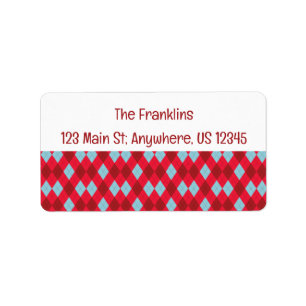 Red Blue & Crimson Christmas Argyle Adres Etiket