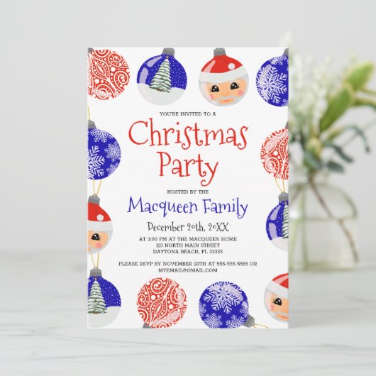 Red Blue Cute Ornament Baubles kerst Kaart (Staand voorkant)