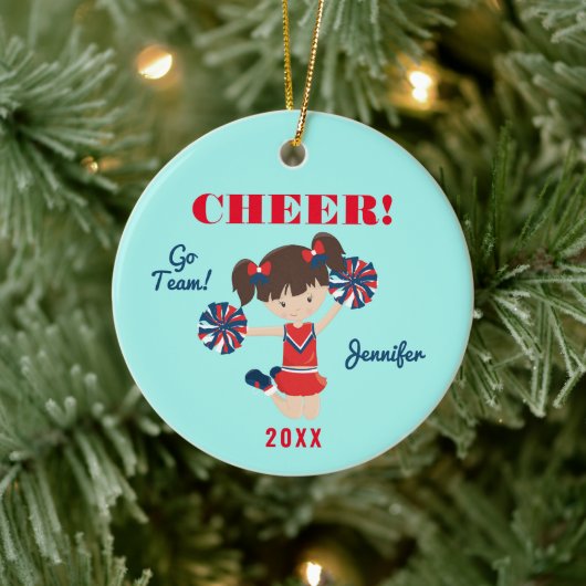 Red, Blue en Aqua Cheer Brunette Cheerleader Keramisch Ornament (Boom)