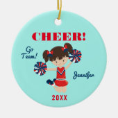 Red, Blue en Aqua Cheer Brunette Cheerleader Keramisch Ornament (Voorkant)