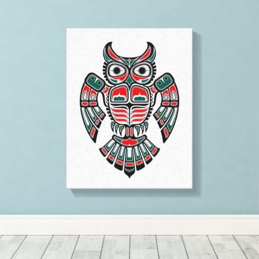 Red Blue en Black Haida Spirit Owl Canvas Afdruk (Insitu (Houten vloer))