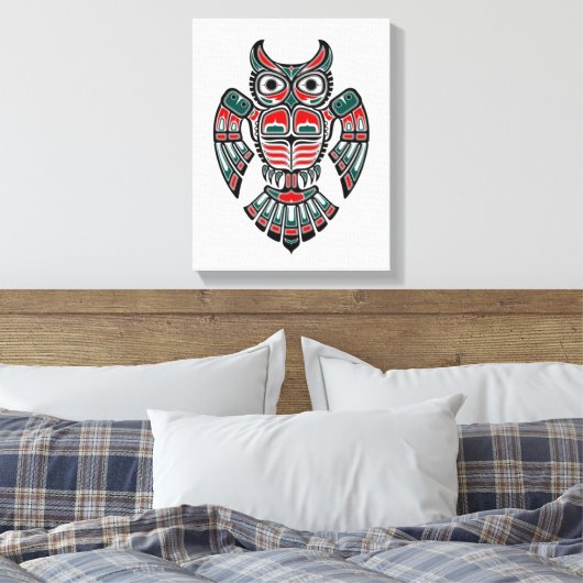 Red Blue en Black Haida Spirit Owl Canvas Afdruk (Insitu (Slaapkamer))