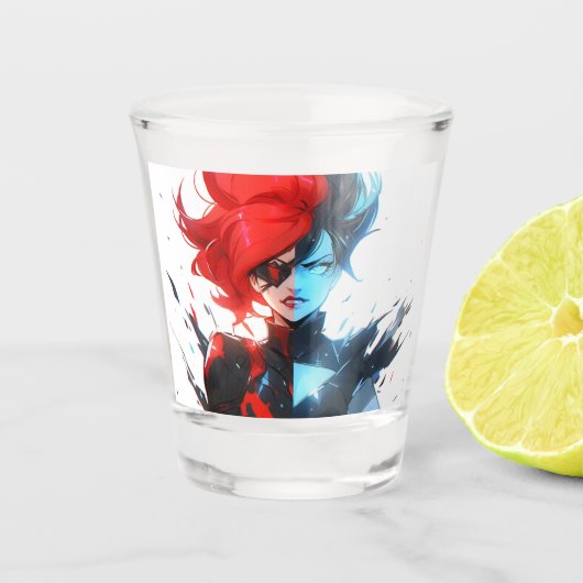 Red Blue Fire Ice Comic Style Anime Meisje Shot Glas (Voorkant)