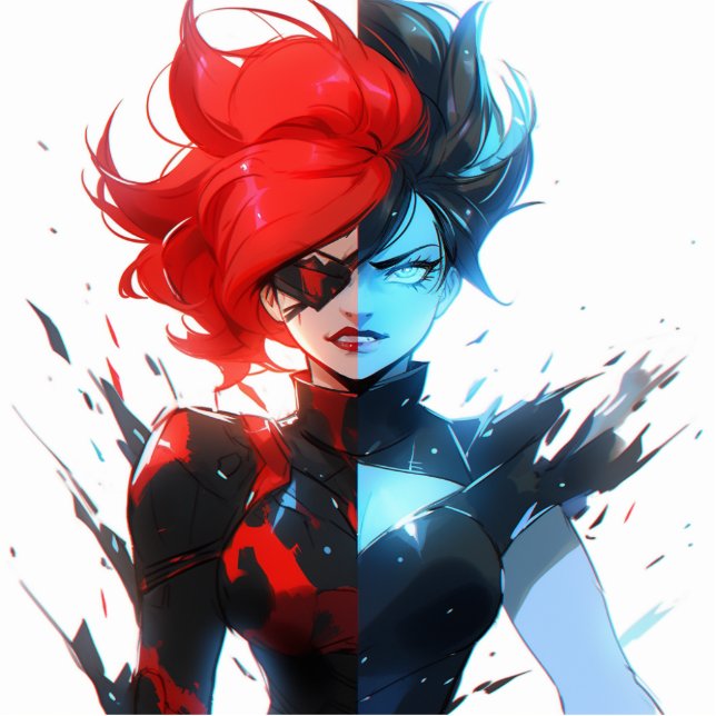 Red Blue Fire Ice Comic Style Anime Meisje Staand Fotobeeldje (Voorkant)