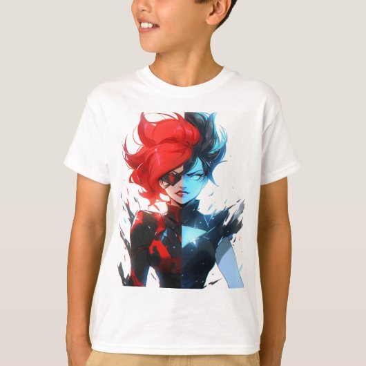 Red Blue Fire Ice Comic Style Anime Meisje T-shirt (Voorkant)