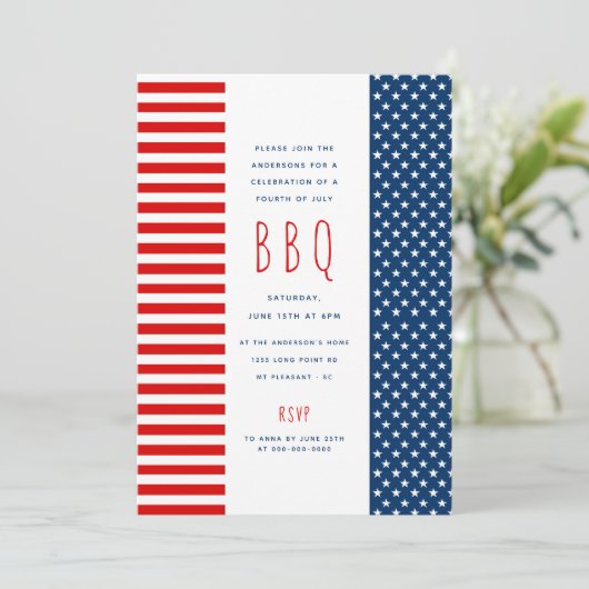 Red Blue Flag BBQ Patriotic op 4 juli Party Invi Kaart (Staand voorkant)