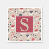Red Blue Floral Monogram Initiaal Servet (Voorkant)