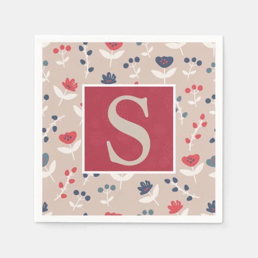 Red Blue Floral Monogram Initiaal Servet (Voorkant)