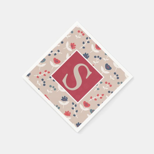 Red Blue Floral Monogram Initiaal Servet (Hoek)