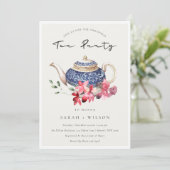 Red Blue Floral Teapot met kersttheefeest Uitnodig Bedankkaart (Staand voorkant)