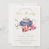 Red Blue Floral Teapot met kersttheefeest Uitnodig Bedankkaart (Voorkant)