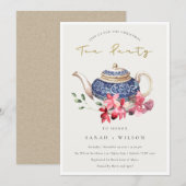 Red Blue Floral Teapot met kersttheefeest Uitnodig Bedankkaart (Voorkant / Achterkant)