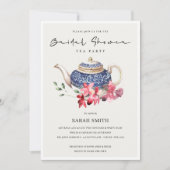 Red Blue Floral Teapot Vrijgezellenfeest Party Inv Bedankkaart (Voorkant)