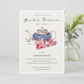 Red Blue Floral Teapot Vrijgezellenfeest Party Inv Bedankkaart (Staand voorkant)