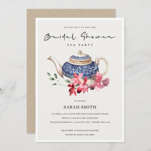 Red Blue Floral Teapot Vrijgezellenfeest Party Inv Bedankkaart (Voorkant / Achterkant)