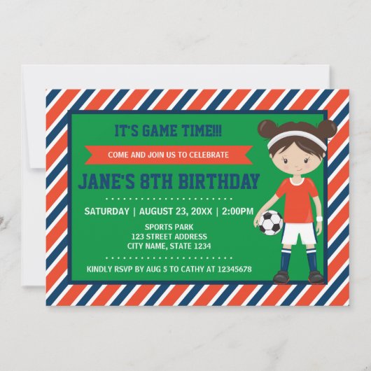Red Blue Football Girl Birthday Invitation Kaart (Voorkant)