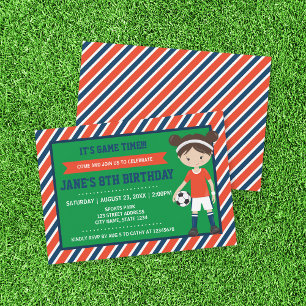 Red Blue Football Girl Birthday Invitation Kaart