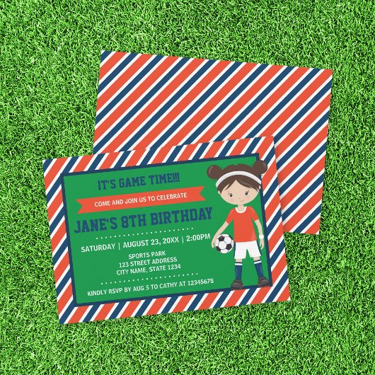 Red Blue Football Girl Birthday Invitation Kaart