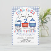 Red Blue Gingham Chugga Chugga Train Birthday Kaart (Staand voorkant)