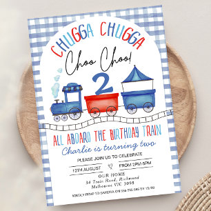 Red Blue Gingham Chugga Chugga Train Birthday Kaart