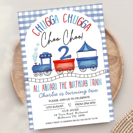Red Blue Gingham Chugga Chugga Train Birthday Kaart