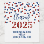 Red Blue Glitter Klasse van 2025 Afstuderen Wijn Etiket (Enkel label)