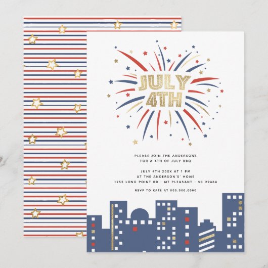 Red Blue & Gold Fireworks, 4e juli, van de Partij Kaart (Voorkant / Achterkant)