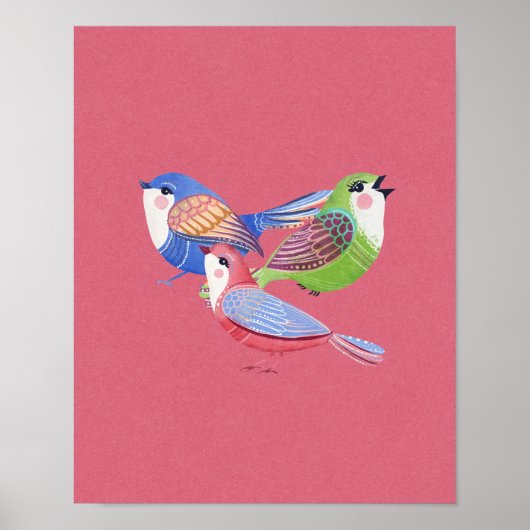 Red Blue Green Birds Folk Art Wall Art Poster (Voorkant)
