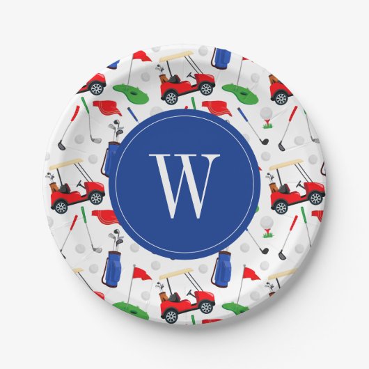 Red Blue & Green Golf Monogram Papieren Bordje (Voorkant)