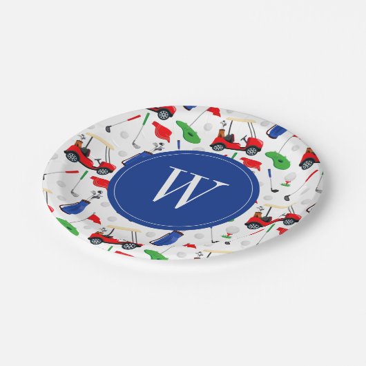 Red Blue & Green Golf Monogram Papieren Bordje (Gekanteld)
