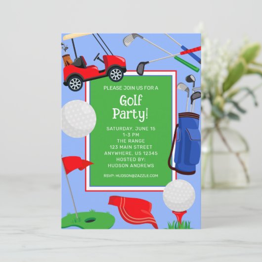 Red Blue & Green Golf Party Kaart (Staand voorkant)
