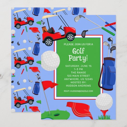 Red Blue & Green Golf Party Kaart (Voorkant / Achterkant)