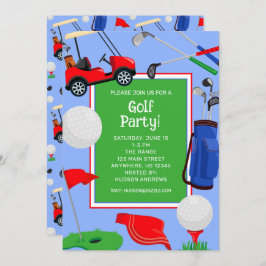 Red Blue & Green Golf Party Kaart
