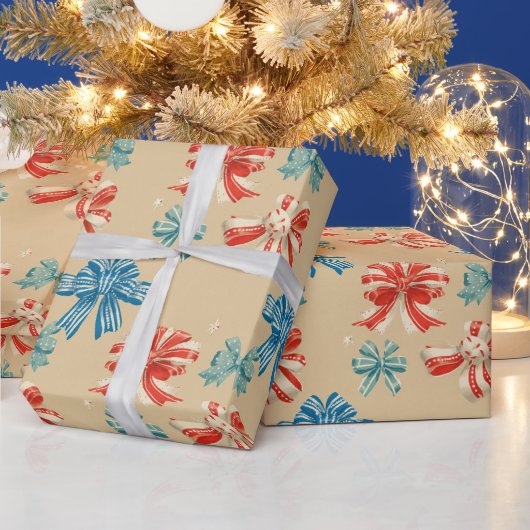Red, Blue, Green, White Bow Pattern Cadeaupapier (Feestdagen)