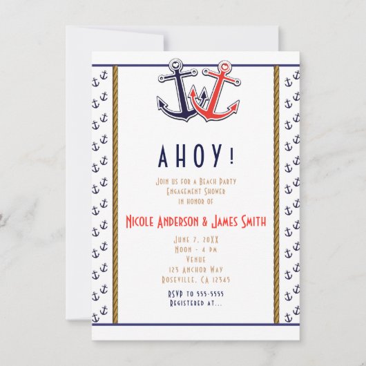 Red & Blue Heart Ankers Nautisch Strand Verloving Kaart (Voorkant)