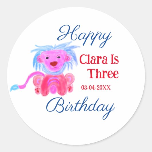 RED BLUE LION WILD ANIMAL BIRTHDAY THREE VOEG NAAM RONDE STICKER (Voorkant)