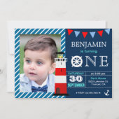 Red Blue Nautical Baby Boy 1st Birthday Party Kaart (Voorkant)