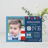 Red Blue Nautical Baby Boy 1st Birthday Party Kaart (Staand voorkant)