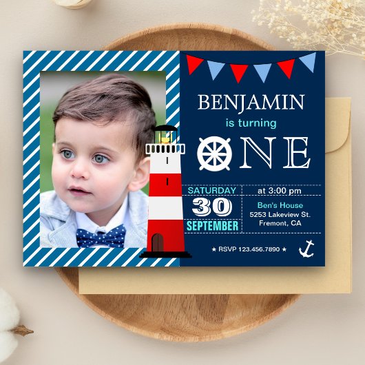 Red Blue Nautical Baby Boy 1st Birthday Party Kaart