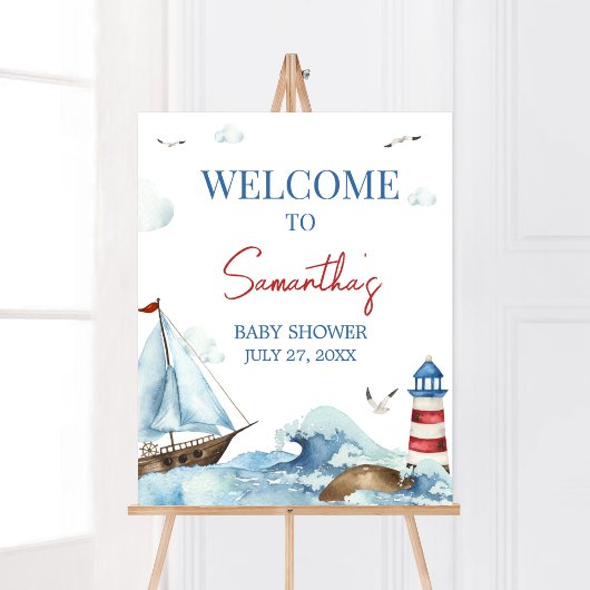 Red Blue Nautical Baby shower Welkom Poster