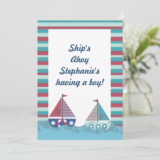 Red Blue Nautical Sailing Boat Baby shower Uitnodi Kaart (Staand voorkant)