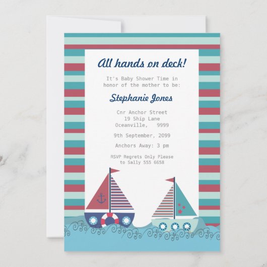Red Blue Nautical Sailing Boat Baby shower Uitnodi Kaart (Achterkant)