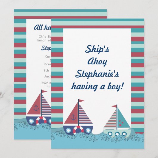 Red Blue Nautical Sailing Boat Baby shower Uitnodi Kaart (Voorkant / Achterkant)