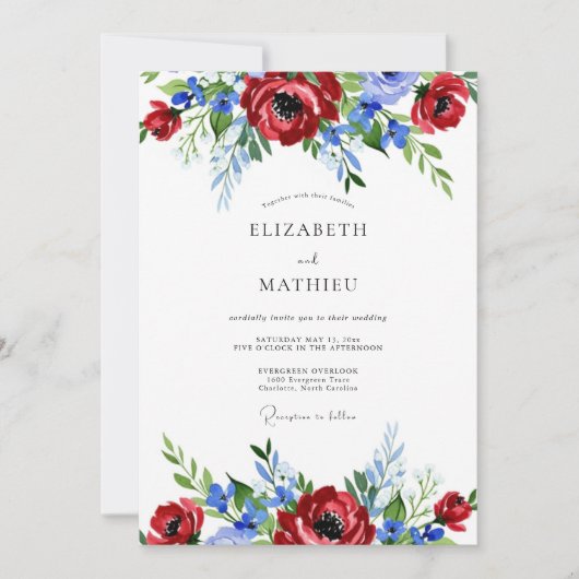 Red Blue Painterly Summer Wedding Kaart (Voorkant)