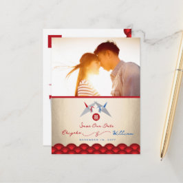 Red Blue Paper Cranes Asian Wedding Save the Date Aankondigingskaart