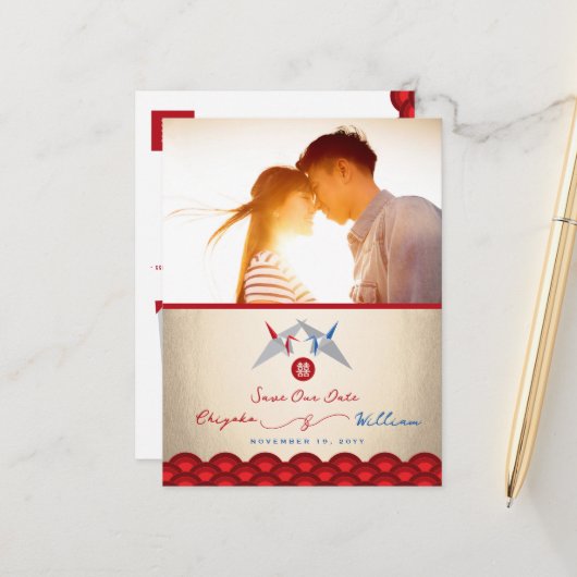 Red Blue Paper Cranes Asian Wedding Save the Date Aankondigingskaart (Voorkant / Achterkant in situ)