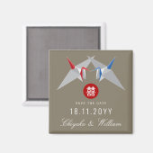 Red Blue Paper Cranes Asian Wedding Save the Date Magneet (Voorkant / Achterkant)