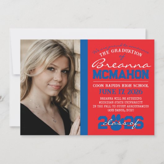 Red & Blue Paw Print Afstuderen Aankondiging (Voorkant)